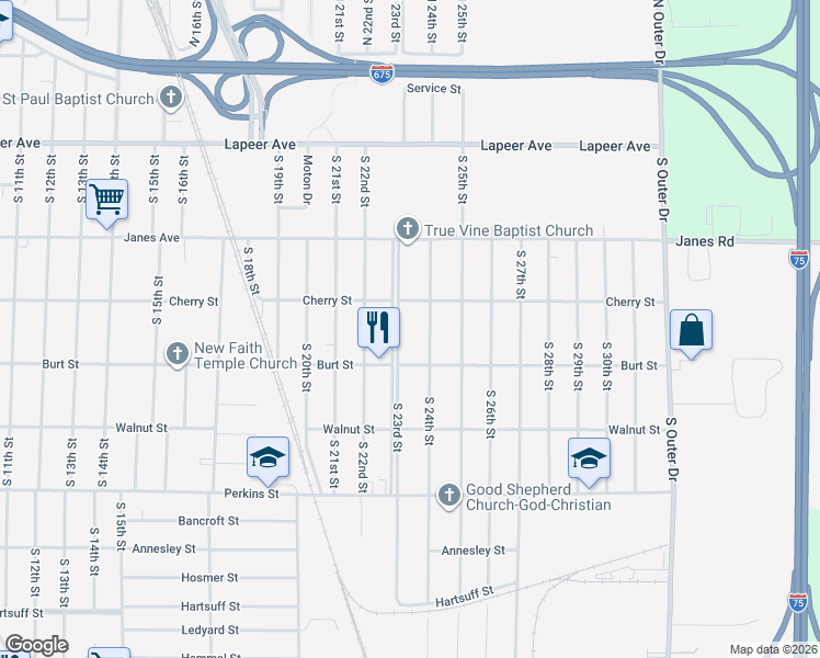 map of restaurants, bars, coffee shops, grocery stores, and more near 424 South 24th Street in Saginaw