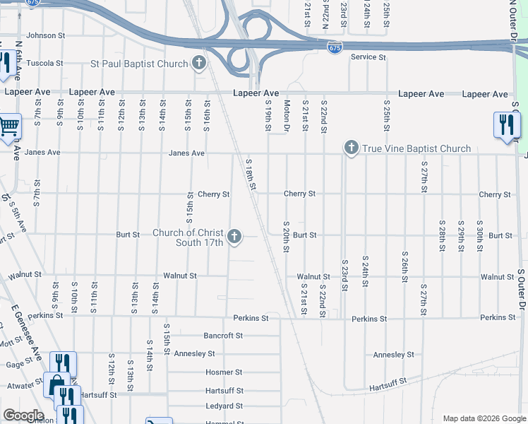 map of restaurants, bars, coffee shops, grocery stores, and more near 427 South 19th Street in Saginaw