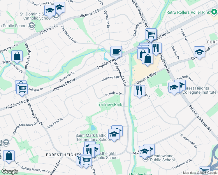 map of restaurants, bars, coffee shops, grocery stores, and more near 55 Ripley Crescent in Kitchener