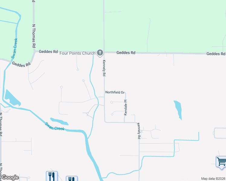 map of restaurants, bars, coffee shops, grocery stores, and more near 9166 Northfield Drive in Saginaw