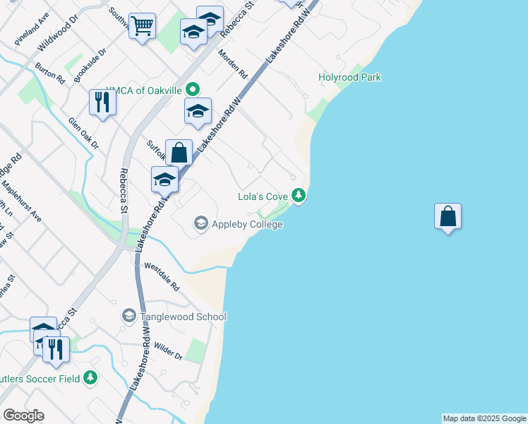 map of restaurants, bars, coffee shops, grocery stores, and more near 12 Birch Hill Lane in Oakville