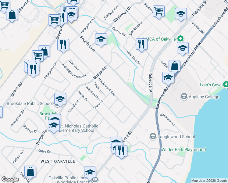 map of restaurants, bars, coffee shops, grocery stores, and more near 411 Maplehurst Avenue in Oakville