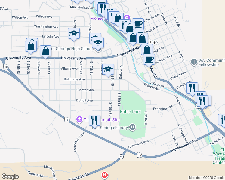 map of restaurants, bars, coffee shops, grocery stores, and more near 1499 Canton Ave in Hot Springs