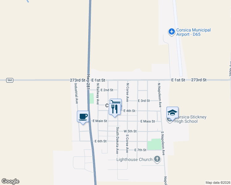 map of restaurants, bars, coffee shops, grocery stores, and more near 245 East 2nd Street in Corsica