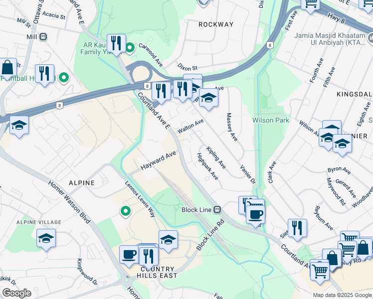 map of restaurants, bars, coffee shops, grocery stores, and more near 896 Waterloo Regional Road 53 in Kitchener