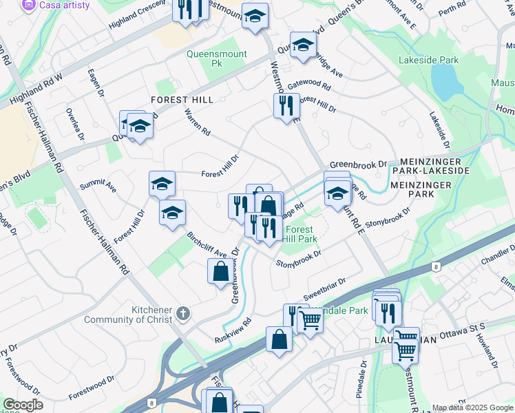 map of restaurants, bars, coffee shops, grocery stores, and more near 382 Greenbrook Drive in Kitchener