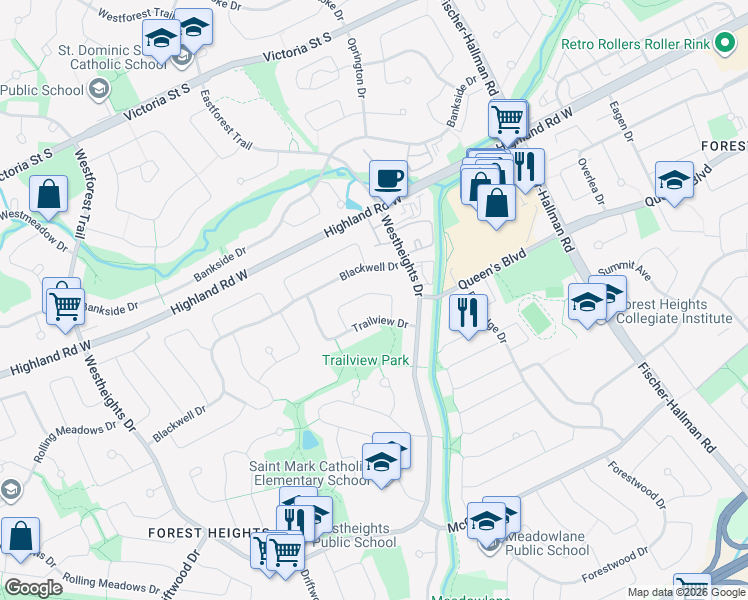 map of restaurants, bars, coffee shops, grocery stores, and more near 55 Ripley Crescent in Kitchener