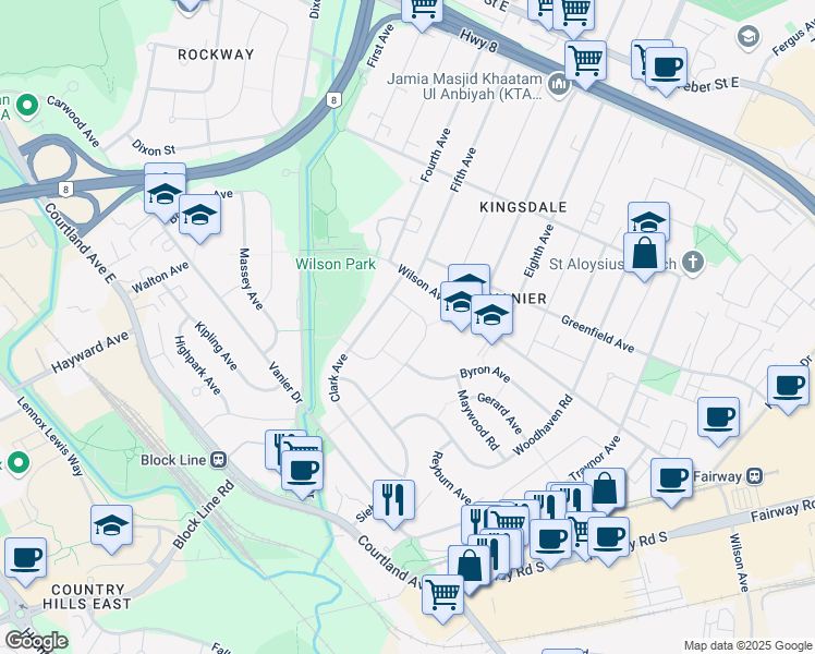 map of restaurants, bars, coffee shops, grocery stores, and more near 17 Broadmoor Avenue in Kitchener