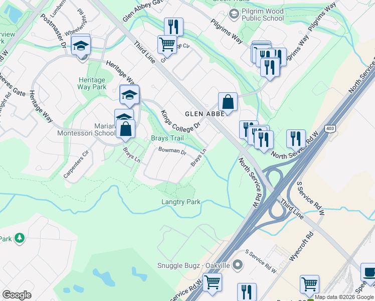 map of restaurants, bars, coffee shops, grocery stores, and more near 1173 Bowman Drive in Oakville