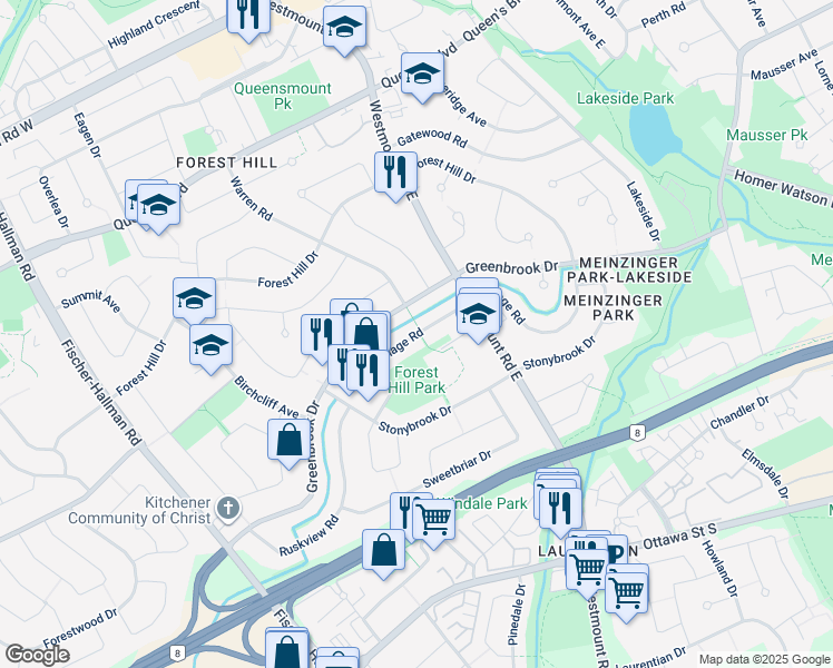 map of restaurants, bars, coffee shops, grocery stores, and more near 241 Village Road in Kitchener