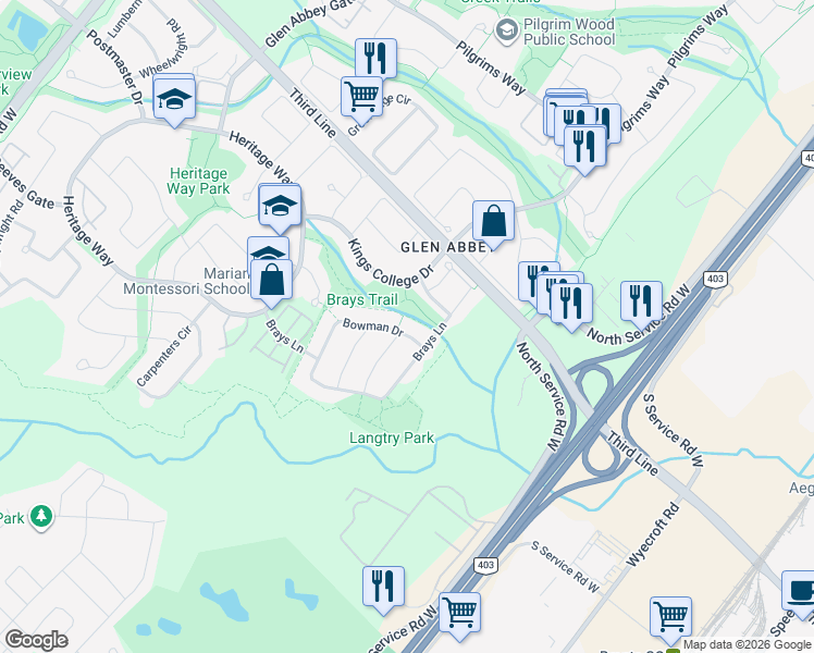 map of restaurants, bars, coffee shops, grocery stores, and more near 1173 Bowman Drive in Oakville
