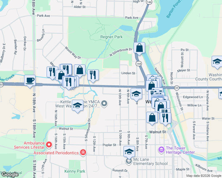 map of restaurants, bars, coffee shops, grocery stores, and more near 1023 West Washington Street in West Bend