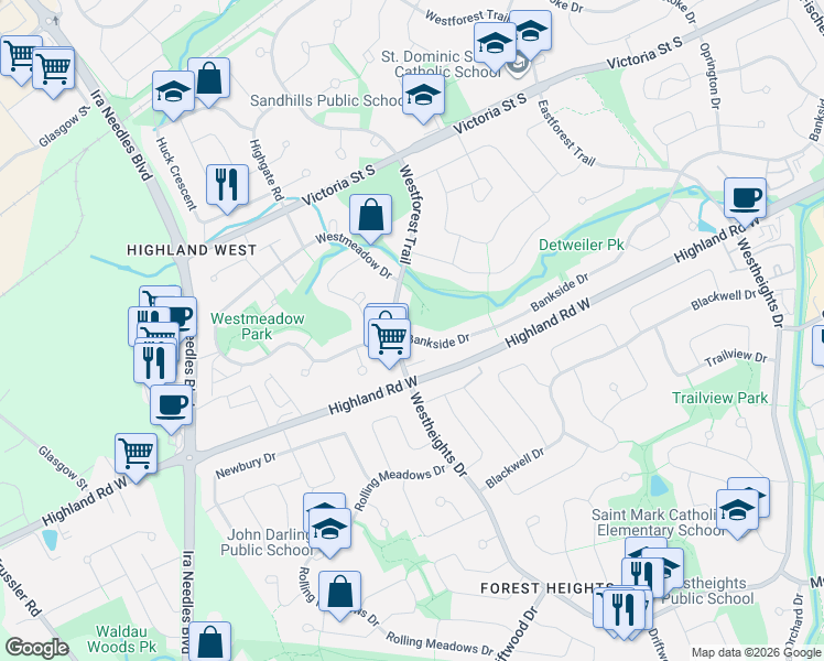 map of restaurants, bars, coffee shops, grocery stores, and more near 498 Bankside Drive in Kitchener