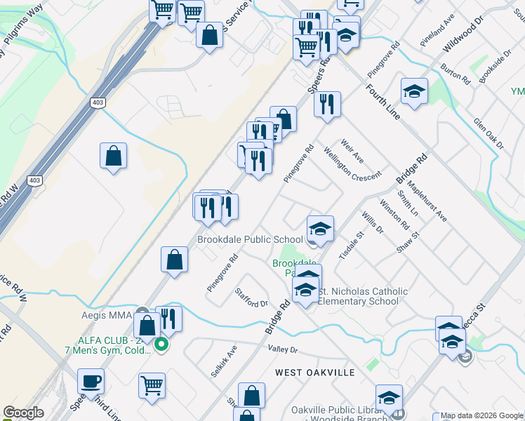 map of restaurants, bars, coffee shops, grocery stores, and more near 1207 Pinegrove Road in Oakville