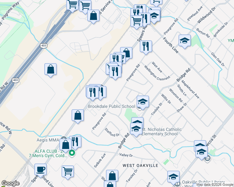 map of restaurants, bars, coffee shops, grocery stores, and more near 1207 Pinegrove Road in Oakville