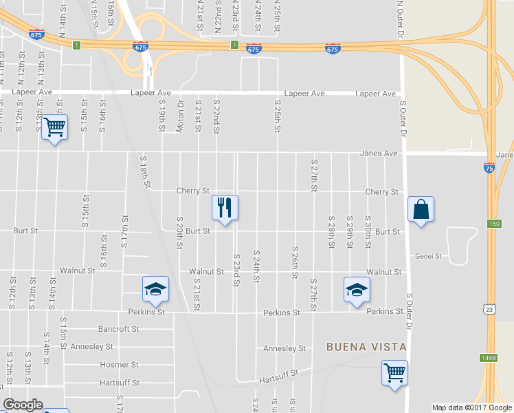 map of restaurants, bars, coffee shops, grocery stores, and more near 424 South 24th Street in Saginaw