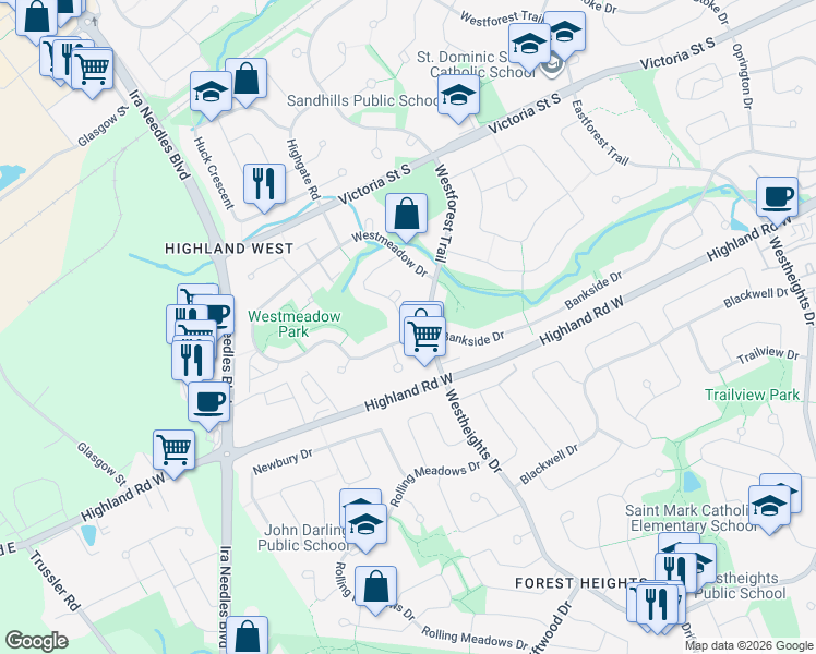 map of restaurants, bars, coffee shops, grocery stores, and more near 79 Dawn Ridge Drive in Kitchener