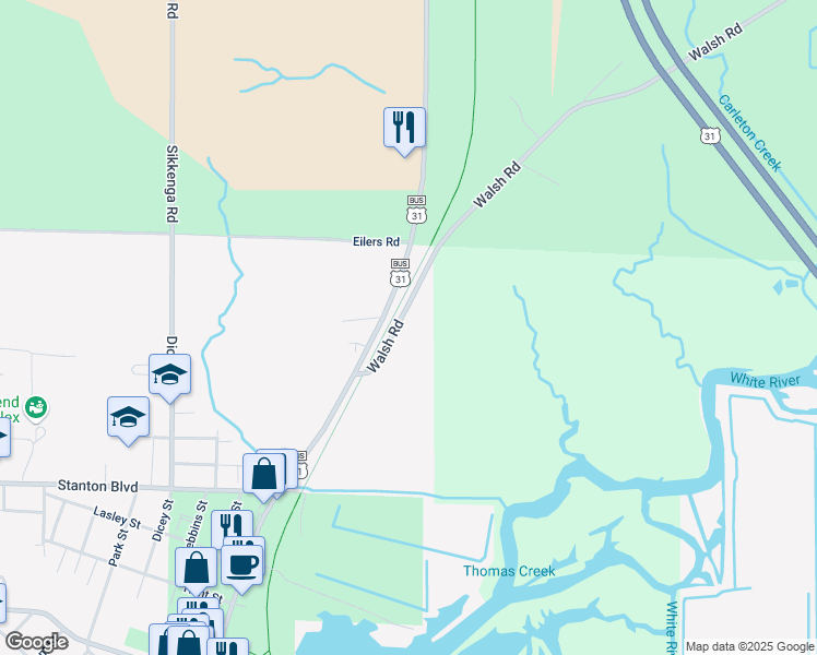 map of restaurants, bars, coffee shops, grocery stores, and more near 9250 Walsh Road in Montague