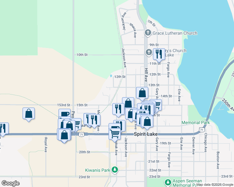 map of restaurants, bars, coffee shops, grocery stores, and more near 1301 Keokuk Avenue in Spirit Lake