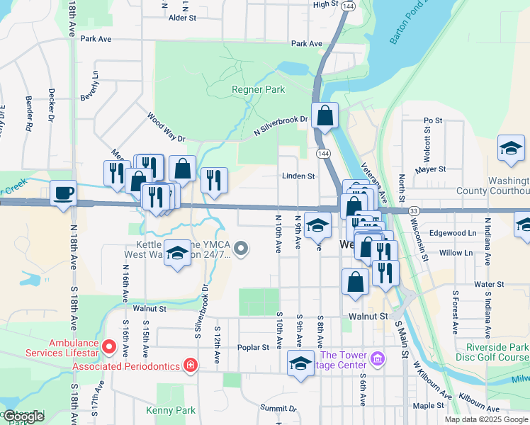 map of restaurants, bars, coffee shops, grocery stores, and more near 1023 West Washington Street in West Bend