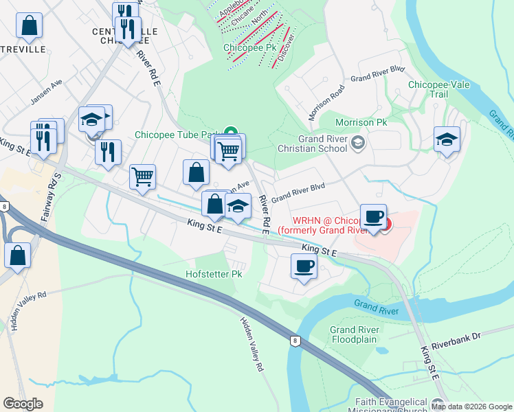 map of restaurants, bars, coffee shops, grocery stores, and more near 415 Morgan Avenue in Kitchener