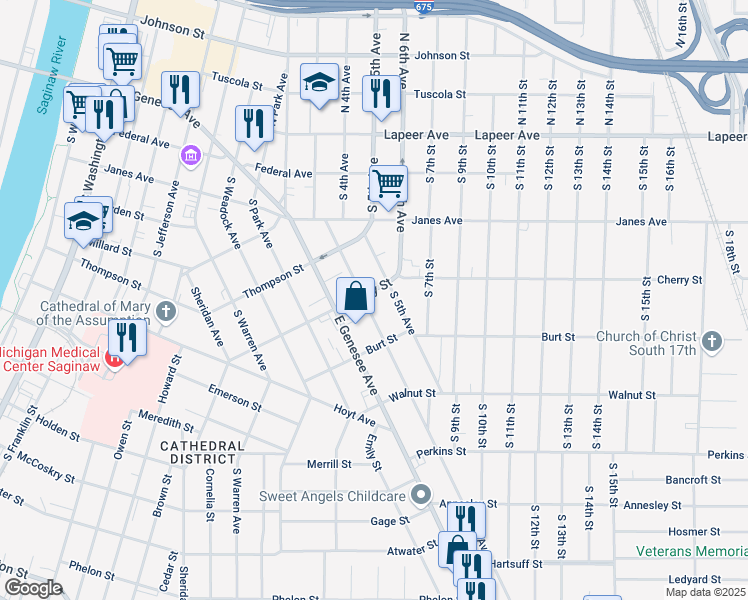 map of restaurants, bars, coffee shops, grocery stores, and more near 402 South 4th Avenue in Saginaw