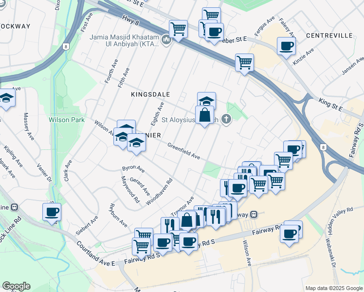 map of restaurants, bars, coffee shops, grocery stores, and more near 434 Greenfield Avenue in Kitchener