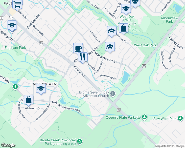 map of restaurants, bars, coffee shops, grocery stores, and more near 2547 Carberry Way in Oakville