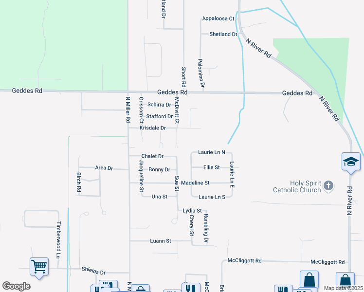 map of restaurants, bars, coffee shops, grocery stores, and more near 7806 Chalet Drive in Saginaw