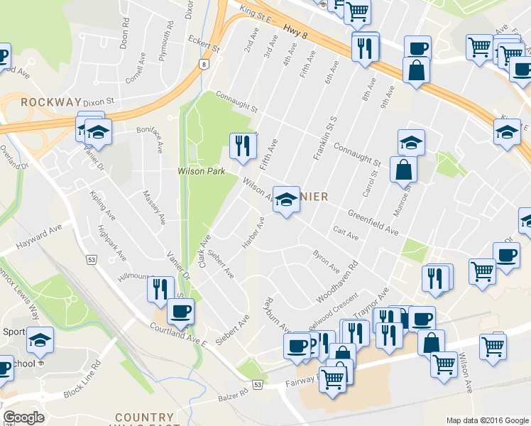 map of restaurants, bars, coffee shops, grocery stores, and more near 48 Harber Avenue in Kitchener