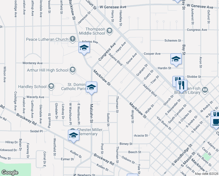 map of restaurants, bars, coffee shops, grocery stores, and more near 1314 Sutton Street in Saginaw