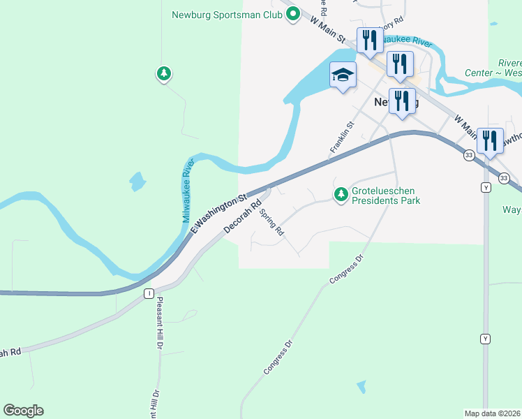 map of restaurants, bars, coffee shops, grocery stores, and more near 935 Spring Road in West Bend