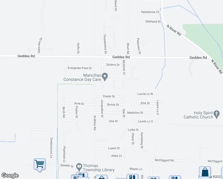 map of restaurants, bars, coffee shops, grocery stores, and more near 1261 Chaffee Court in Saginaw
