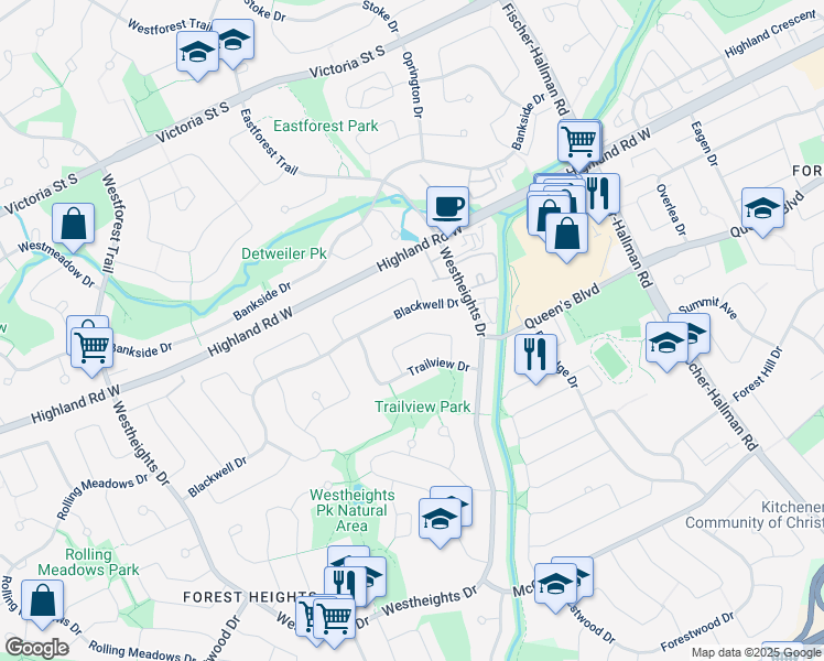 map of restaurants, bars, coffee shops, grocery stores, and more near 58 Ripley Crescent in Kitchener