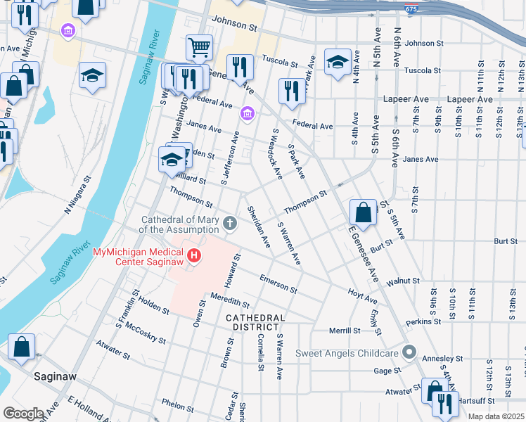 map of restaurants, bars, coffee shops, grocery stores, and more near 603 South Warren Avenue in Saginaw