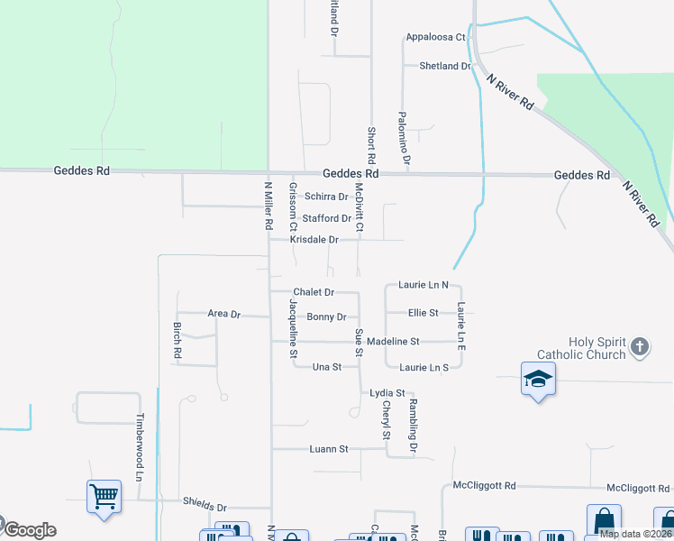 map of restaurants, bars, coffee shops, grocery stores, and more near 7880 Chalet Drive in Saginaw