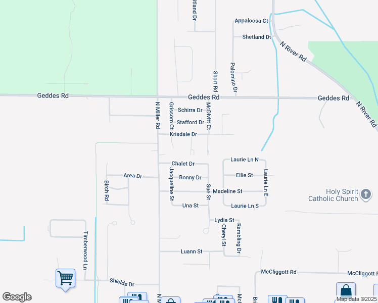 map of restaurants, bars, coffee shops, grocery stores, and more near 7880 Chalet Drive in Saginaw