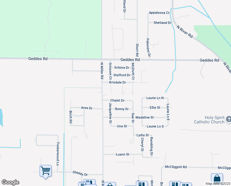 map of restaurants, bars, coffee shops, grocery stores, and more near 7946 Chalet Drive in Saginaw
