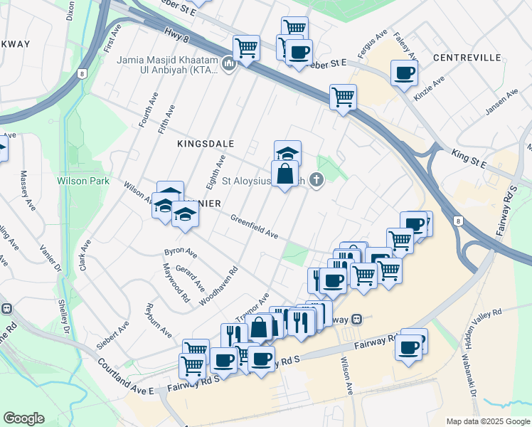 map of restaurants, bars, coffee shops, grocery stores, and more near 434 Greenfield Avenue in Kitchener