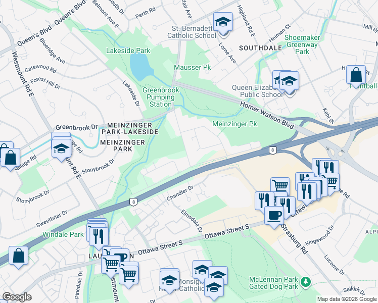 map of restaurants, bars, coffee shops, grocery stores, and more near 126 Avalon Place in Kitchener
