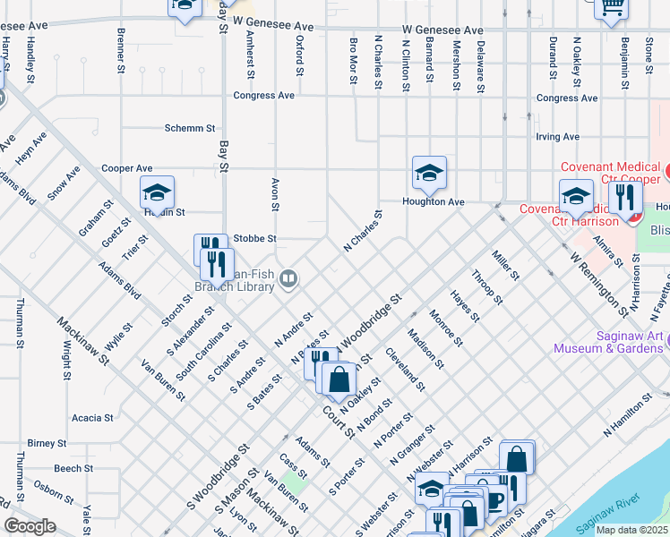 map of restaurants, bars, coffee shops, grocery stores, and more near 1602 Cleveland Street in Saginaw