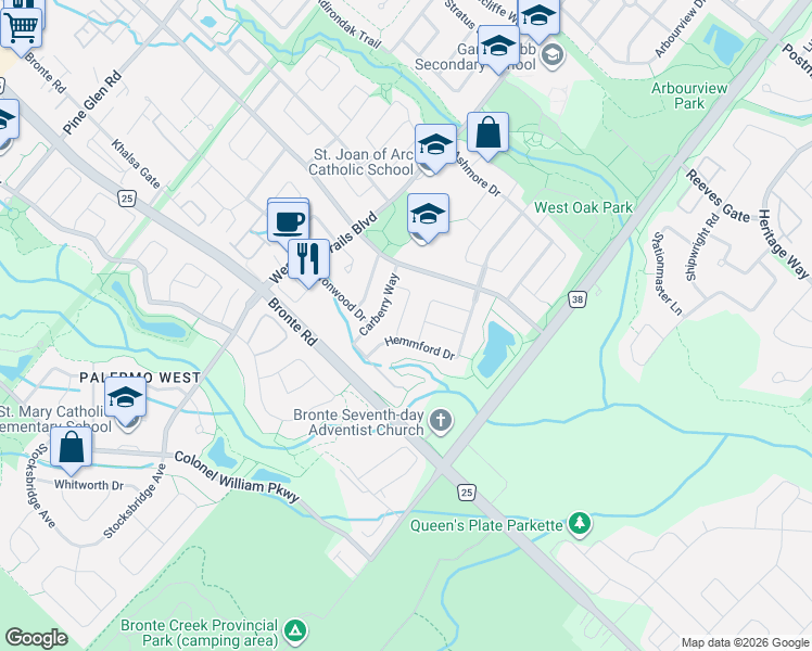 map of restaurants, bars, coffee shops, grocery stores, and more near 2536 Bracken Drive in Oakville