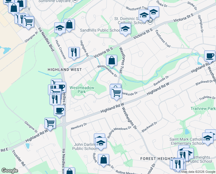 map of restaurants, bars, coffee shops, grocery stores, and more near 64 Dawn Ridge Drive in Kitchener