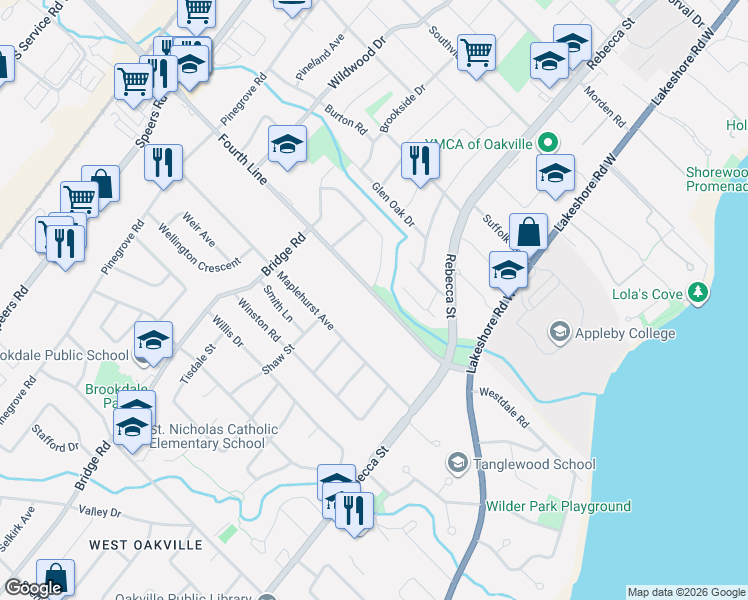 map of restaurants, bars, coffee shops, grocery stores, and more near 392 Fourth Line in Oakville