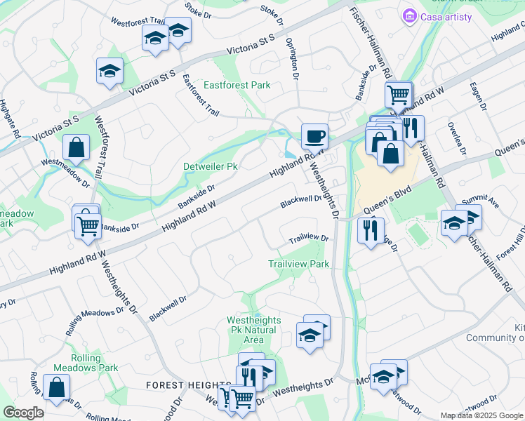 map of restaurants, bars, coffee shops, grocery stores, and more near 82 Blackwell Drive in Kitchener