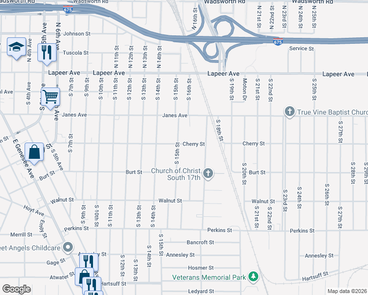 map of restaurants, bars, coffee shops, grocery stores, and more near 432 South 15th Street in Saginaw