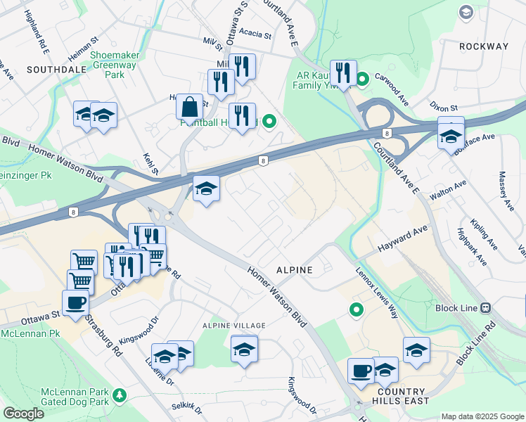 map of restaurants, bars, coffee shops, grocery stores, and more near 86 Ardelt Avenue in Kitchener