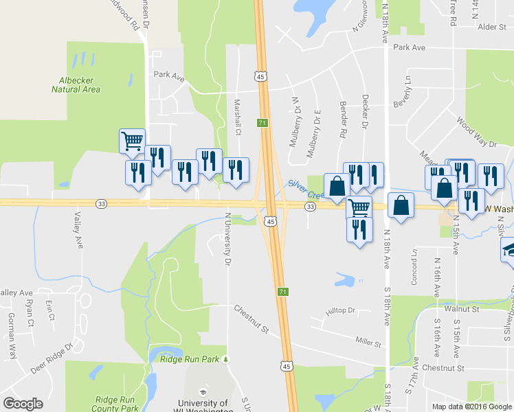 map of restaurants, bars, coffee shops, grocery stores, and more near 2307 West Washington Street in West Bend