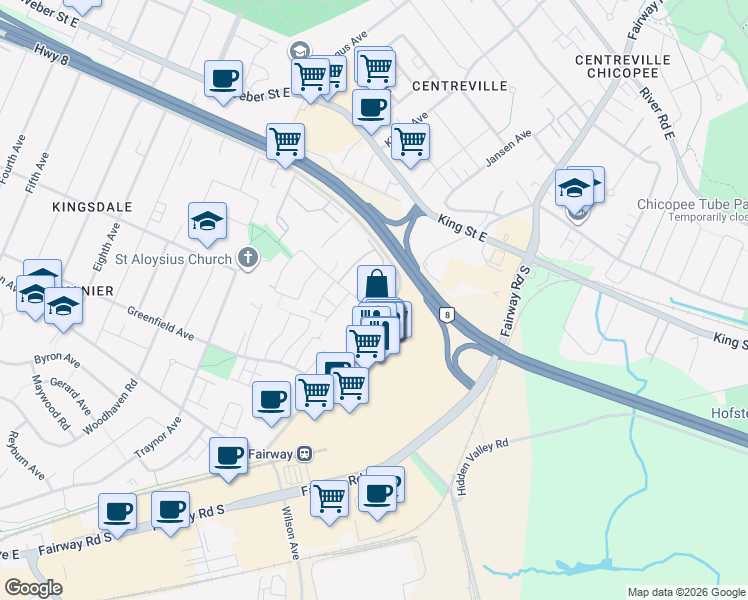 map of restaurants, bars, coffee shops, grocery stores, and more near 16 Cedarwoods Crescent in Kitchener
