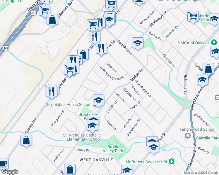 map of restaurants, bars, coffee shops, grocery stores, and more near 527 Taplow Crescent in Oakville